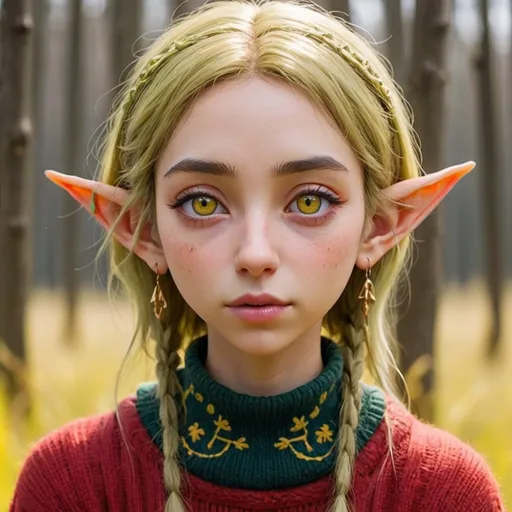 Prompt: looks: hight-155 cm, red short straight hoir (reaching
her arms), very tired and sick but stile kind, frickles,
olive skin, neonyelloweyes, Old grasses, or ange big lips,
wrinkles, long elf ears, Wird earrings with strange symbols
likes comfortable sweaters