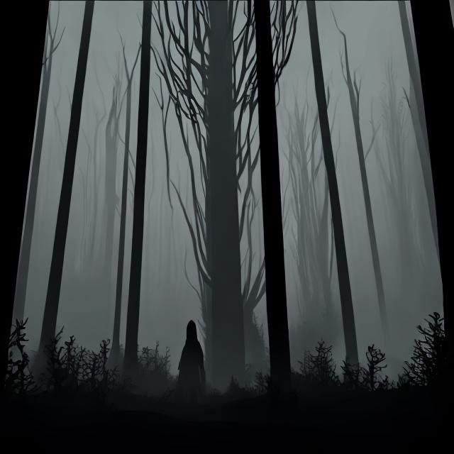 Prompt: Dark eerie forest and a tall shadow figure/person