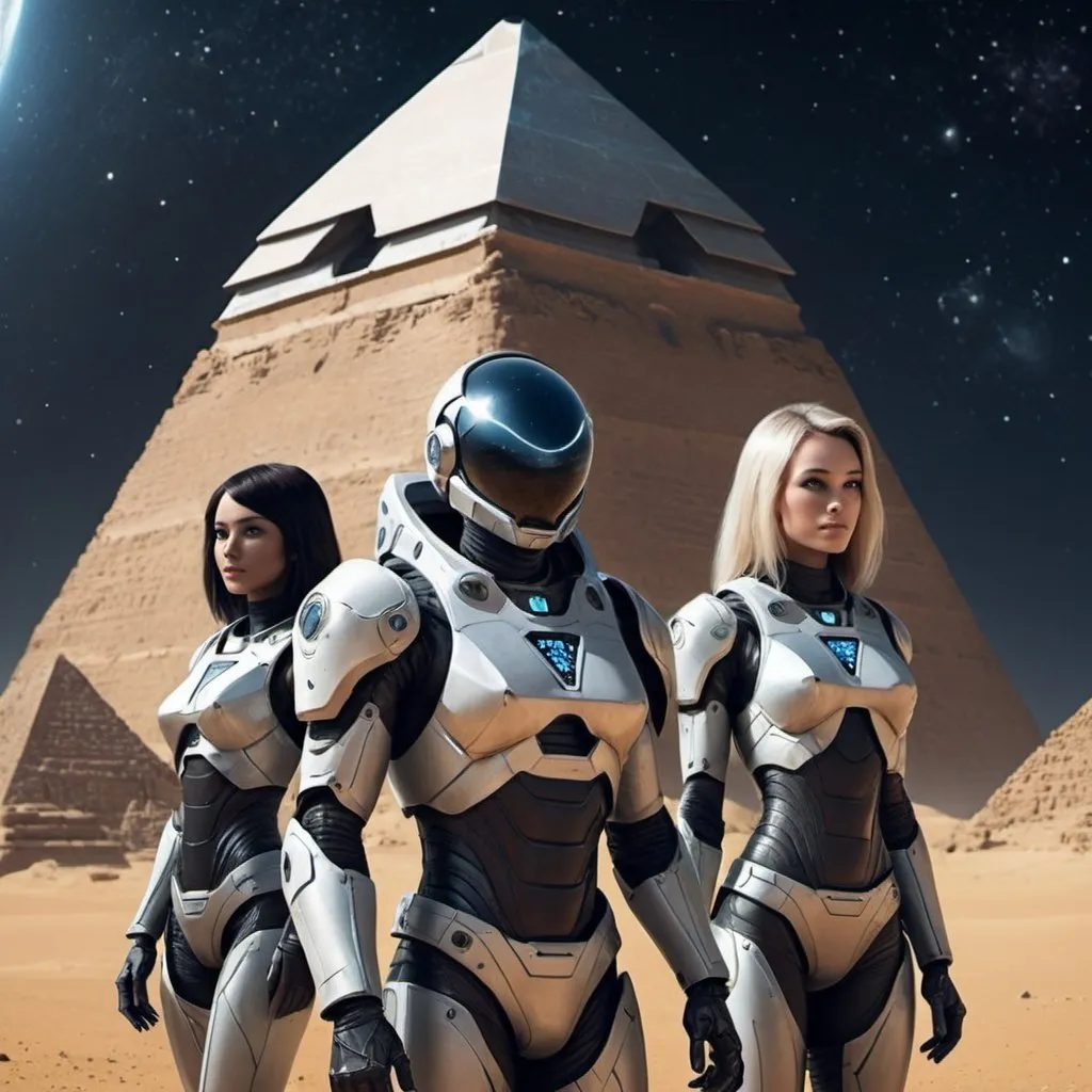 Prompt: Create characters to a book that look similar to humans but with special futuristic armor that could be feasible for the year 2100. Humans are traveling into space regularly and have enhanced technology including AI. There should be three main characters. Two male characters and a female character. They should be near the pyramids looking up to the starry sky with a space ship in orbit.