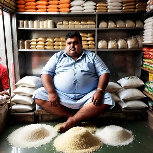 Prompt: a fat marwadi business man seating on grounded seat in his shop of rice