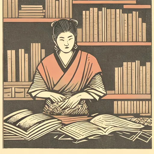 Prompt: traditional woodblock print of a librarian