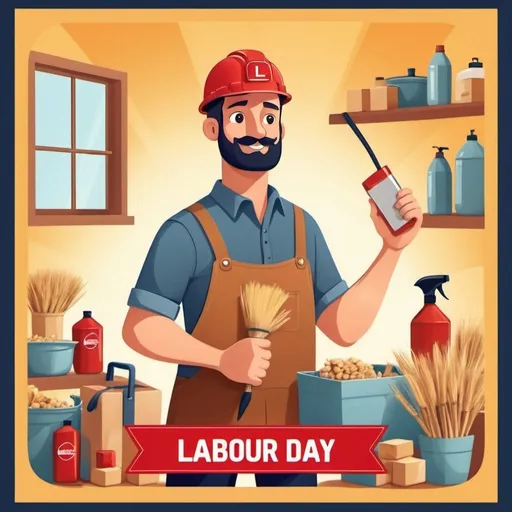 Prompt: labour day poster with animation style with light colour tone, at the center mention Happy Labour Day and there are worker selling house-hold product peacefully