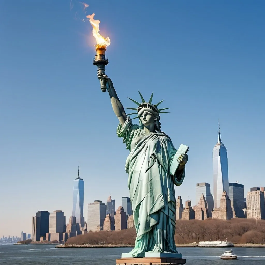 Prompt: Create an image of the Statue of Liberty, standing tall on Liberty Island in New York Harbor, with her torch held high and the tablet in her left hand. The background should feature a clear sky with the New York City skyline in the distance