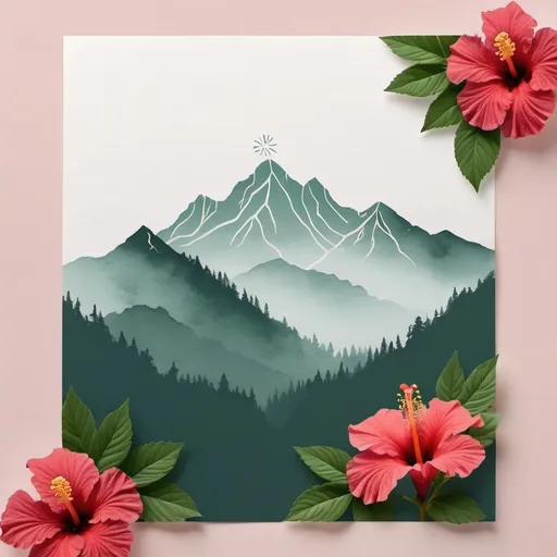 Prompt: make a wedding invitation with a mountain outline with no fill and hibiscus flowers around it and no background