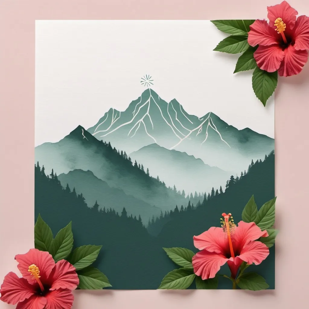 Prompt: make a wedding invitation with a mountain outline with no fill and hibiscus flowers around it and no background