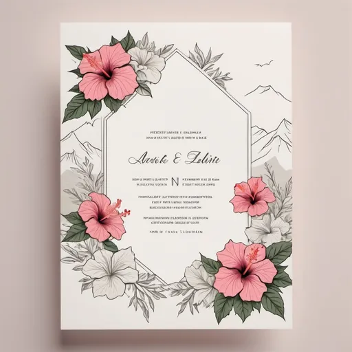 Prompt: make a wedding invitation with a mountain outline with no fill and hibiscus flowers around it and a frame i can fill with words later and no background