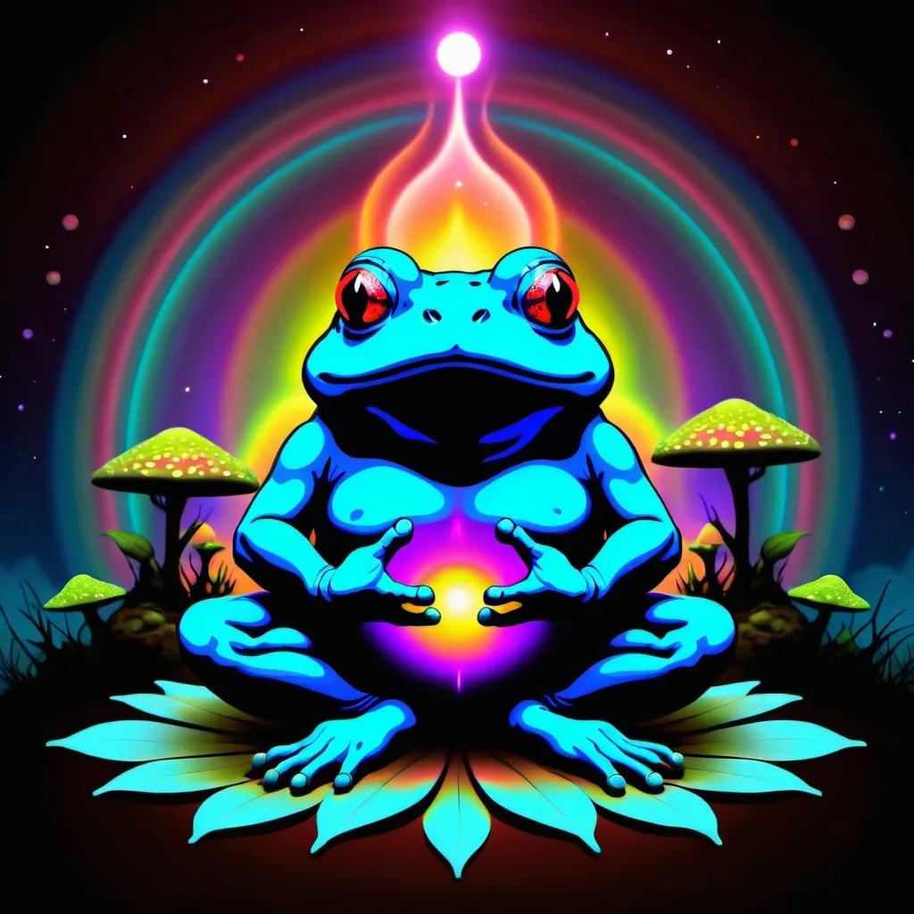 Prompt: create a mystical image with a meditating toad bufo alvarius for a psychedelic retreat invitation. We need some empty space to be able to place text into the image