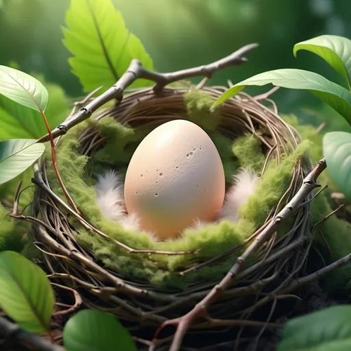 Prompt: one birds eggs hatching, perched on the edge of the delicate nest, soft feathers, natural surroundings, gentle morning light, (highly detailed), vibrant colors, peaceful ambiance, background of lush green leaves, warm and inviting atmosphere, close-up view, texture of twigs and leaves, serene nature scene, (4K quality)