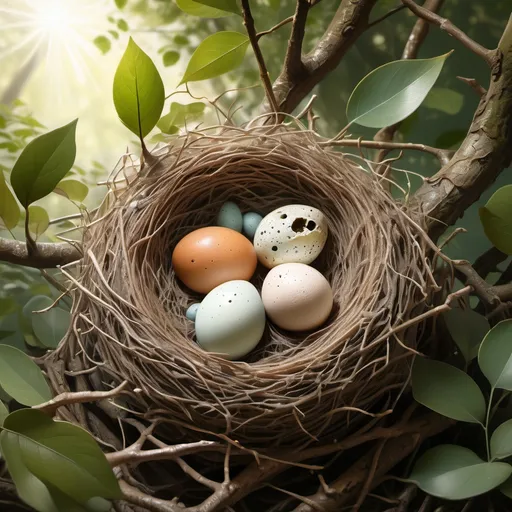 Prompt: (beautifully detailed) bird's nest, four (spotted) bird eggs hatching, soft natural lighting, warm earthy tones, cozy ambiance, surrounded by lush green foliage, intricate twigs and soft feathers, gently glowing sunlight filtering through leaves, (ultra-detailed), serene nature scene, evokes tenderness and new beginnings.