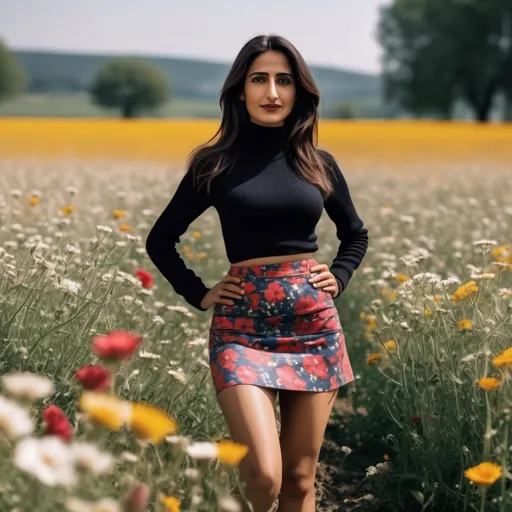 Prompt: a woman who looks like salam hayek wearing a mini skirt in a field of flowers