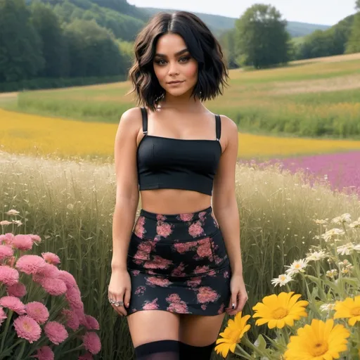 Prompt: a woman who looks like vanessa hudgens wearing a crop top and mini skirt with stockings standing in a field of flowers 