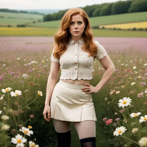 Prompt: a woman who looks like amy adams wearing a crop top and mini skirt with stockings standing in a field of flowers 
