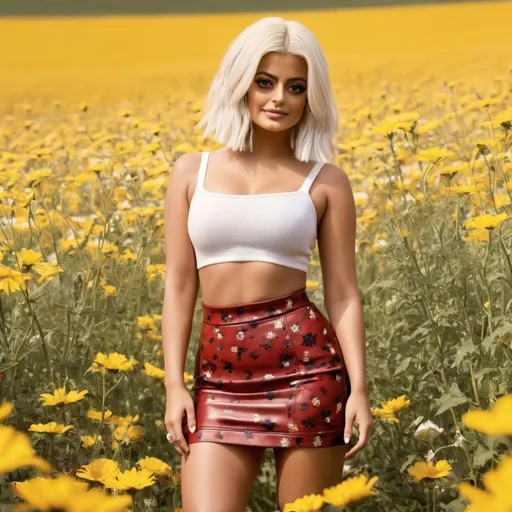 Prompt: a woman who looks like bebe rexha wearing a mini skirt in a field of flowers