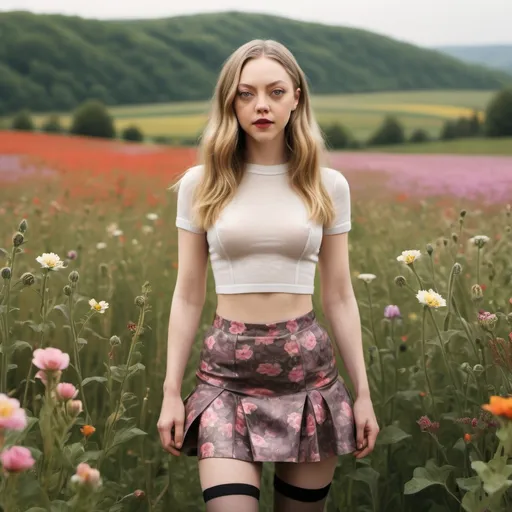Prompt: a woman who looks like amanda seyfried wearing a crop top and mini skirt with stockings standing in a field of flowers 