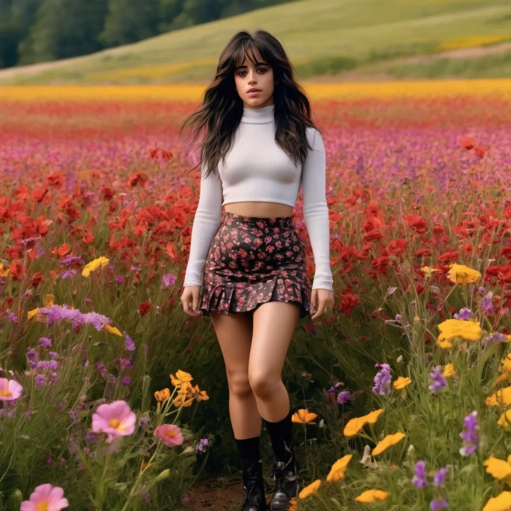 Prompt: a woman who looks like camila cabello wearing a mini skirt in a field of flowers