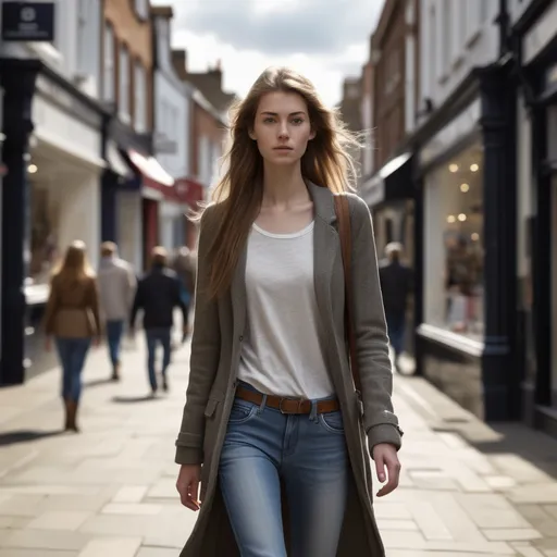 Prompt: Tall young woman walking down the high street, detailed clothing, realistic, natural lighting