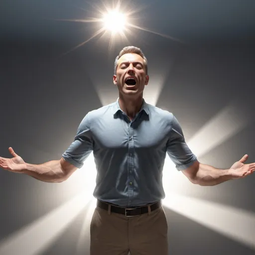 Prompt: Create a super high resolution 3d image of a man with sunlight coming out of him



