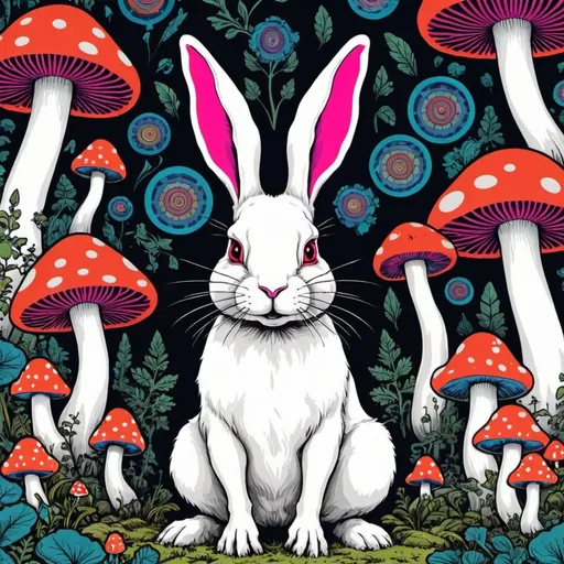 Prompt: psychedelic print white rabbit and mushrooms