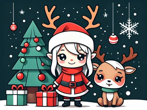 Prompt: Chibi kawaii cute cartoon illustration, outlines black and white,. Cover Page:
"Create a cheerful chibi Santa holding a gift, surrounded by snowflakes and twinkling lights."


2. Chibi Reindeer Page:
"Illustrate a cute chibi reindeer wearing a festive scarf, standing next to a decorated Christmas tree."


3. Chibi Elf Page:
"Design a playful chibi elf wrapping presents, with a pile of gifts and twinkling lights in the background."


