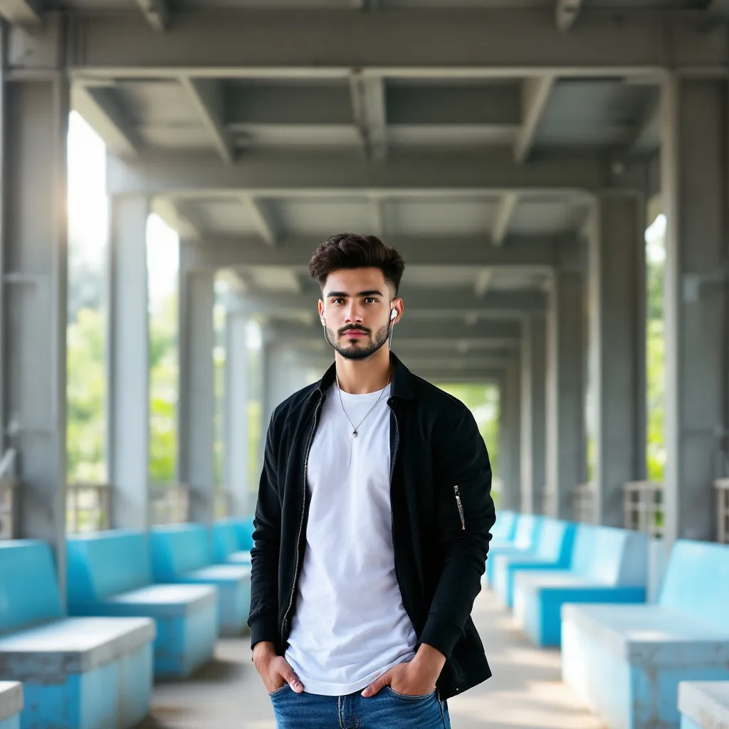 Prompt: Beneath a steel framework, a young man stands confidently on a sunlit platform, dressed in a black jacket over a white shirt and blue jeans. His expression is one of determination, complemented by earbuds, suggesting he is either enjoying music or engaged in a conversation. The scene reveals a modern structure with concrete benches painted in light blue, contrasting with the rugged gray steel beams overhead. Lush greenery is faintly visible in the background, hinting at a pleasant day, while the soft, natural light bathes the area in a warm glow, creating an inviting atmosphere that suggests a moment of leisure or anticipation. The composition emphasizes both the subject's poise and the architectural design that envelops him.