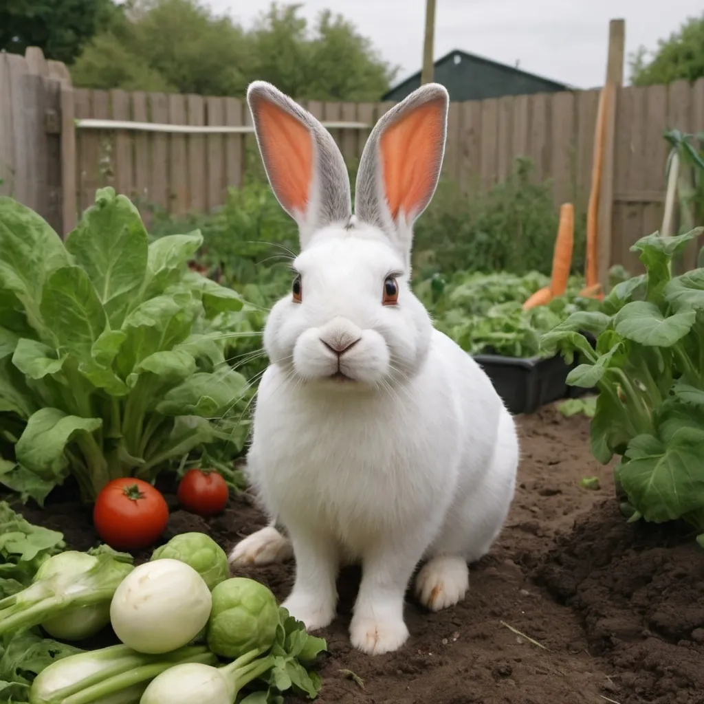 Prompt: Rabbit in an allotment full of vegetables, use the included picture as a reference for how the rabbit looks