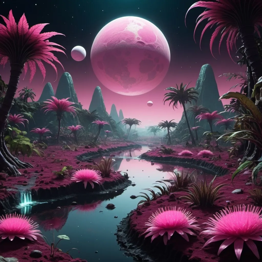 Prompt: an alien planet that has many different plants. There is a jungle with large centipedes that are hunting smaller insects. It is night time and there are 2 moons in the sky. There is a river that is pink. 