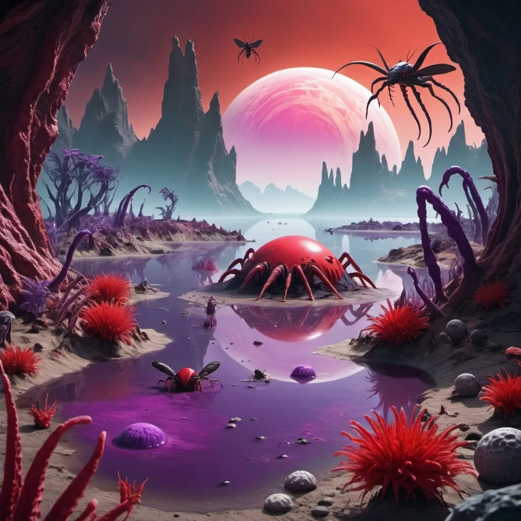 Prompt: An alien planet with lakes and sea creatures. The plants around the lake are red. There are scary large insect-like animals that have many legs. Some places have toxic hot springs ejecting purple water. 