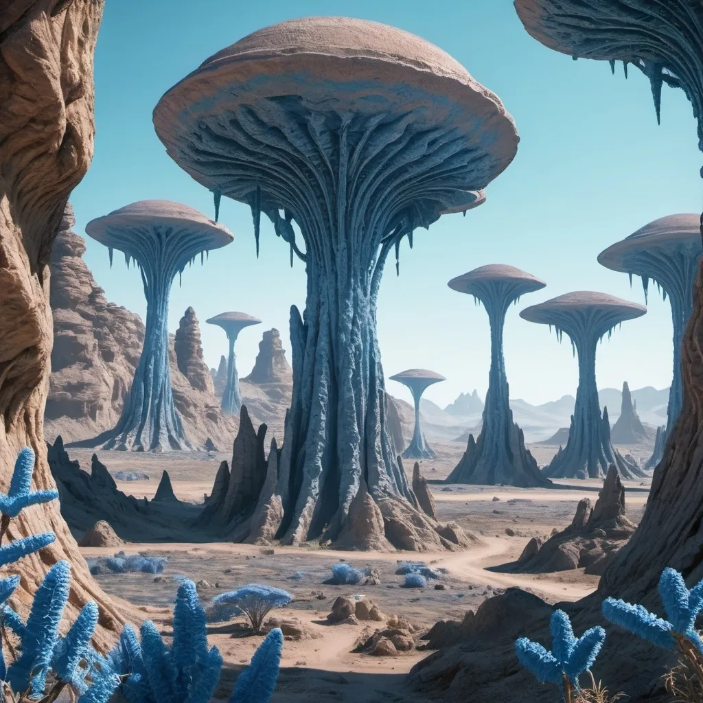 Prompt: An alien planet with blue plants instead of green. There are strange rock formations. Some alien animals are there. The trees are very tall and the animals need long necks to reach the top. 