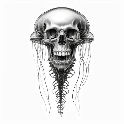 Prompt: black and white line drawing of portuguese man of war with skull on white background