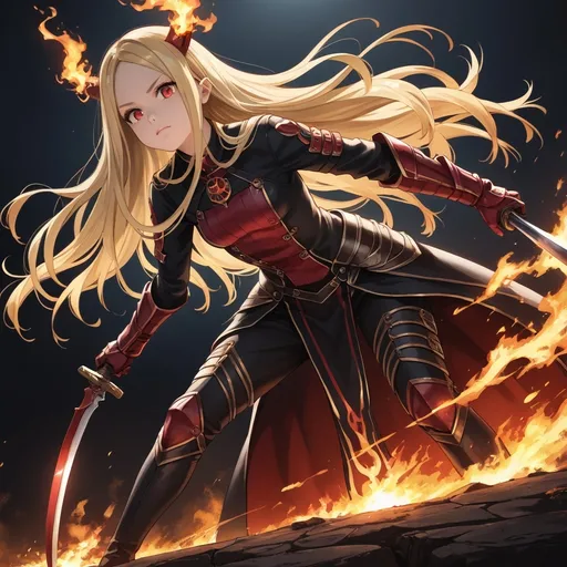 Prompt: Anime style female character, long yellow blonde hair, long flowing,  with dramatic highlights. Red eyes.  Fierce expression, intense gaze,  teen or young adult age.  Character has sharp, defined features,  demon-like horns,  dark black leather-like  or metallic outfit, with crimson accents and design motifs,  emphasizing a strong, powerful, and warrior-like aura.  Pose is dynamic,  leaning forward, gripping a long sword, exhibiting focus and determination.  Dramatic lighting, fiery orange and yellow accents against a dark background,  vivid colors,  strong contrasts.  Background features a stylized gothic-like architecture or structure, burning flames and sparks,  forming a dynamic and dramatic aura.  Detailed rendering of the hair and clothing, creating a sense of movement and dynamism, realistic textures,  style anime, manga.  Fiery atmosphere.  Action-oriented, intense emotional state.  Composition creates a sense of tension and energy.  Perspective is a slightly low-angle, focusing on the character's figure.
