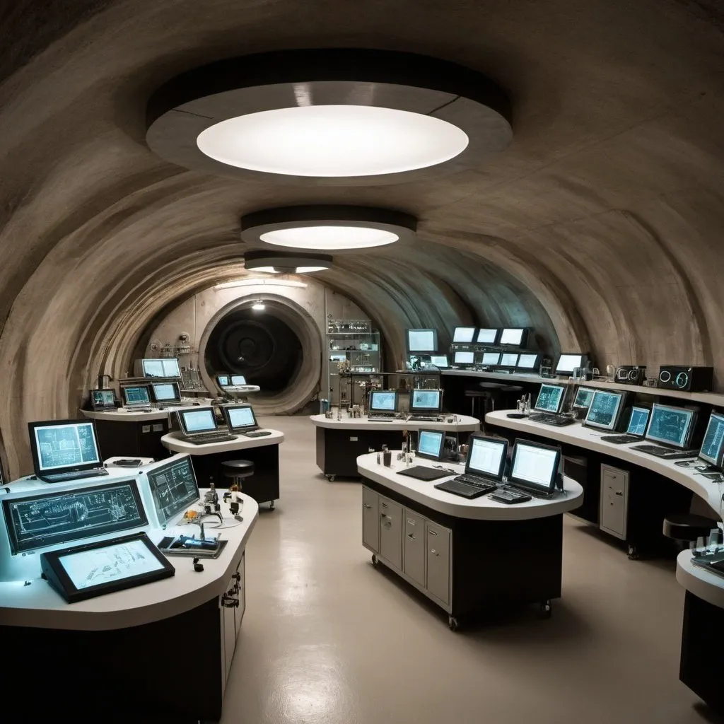 Prompt: An underground James Bond style science laboratory full of gadgets