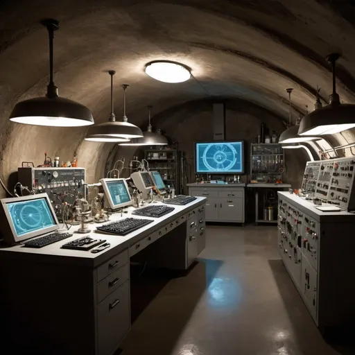 Prompt: An underground James Bond style science laboratory full of gadgets