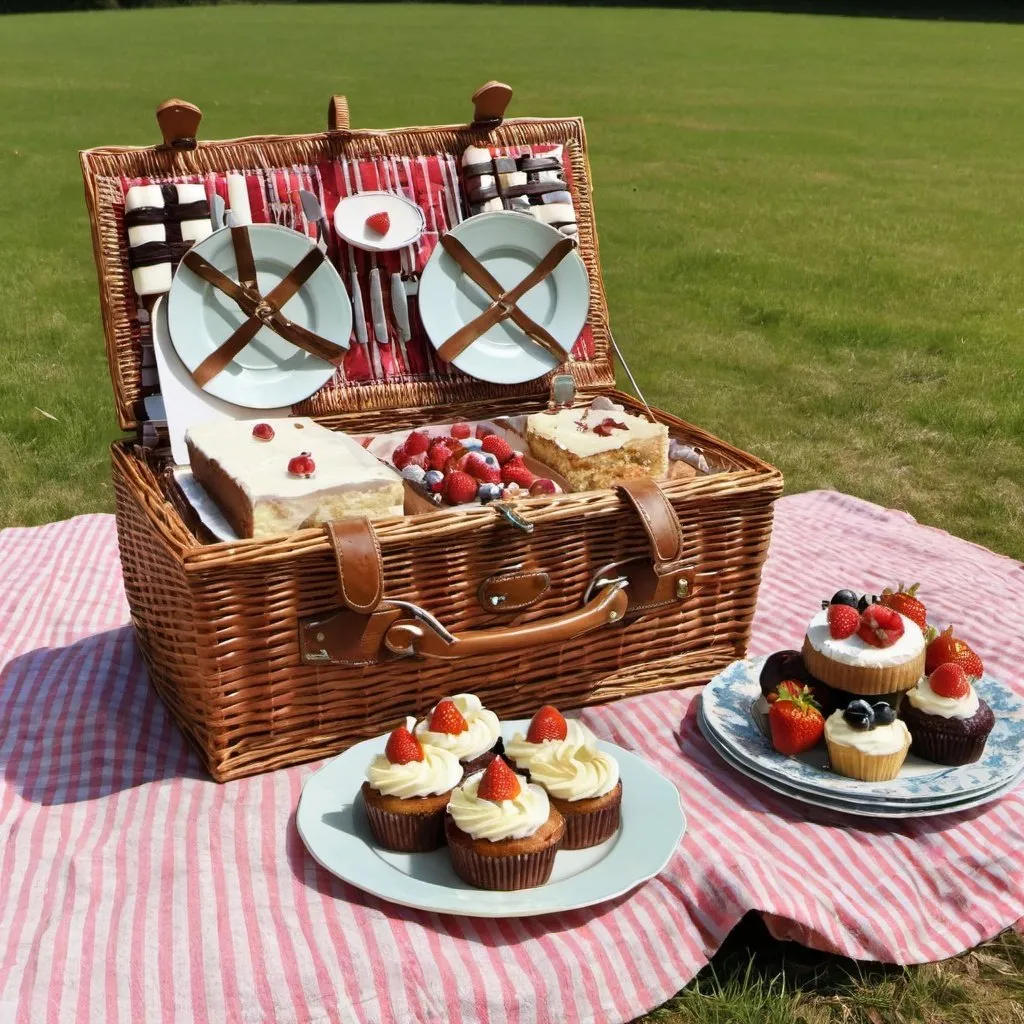 Prompt: A lovely wicker picnic basket full of cakes