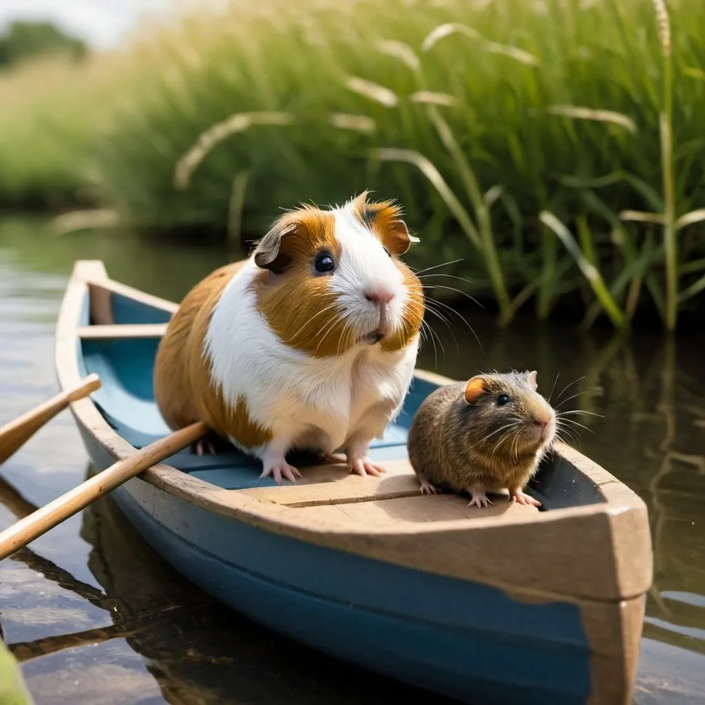 Prompt: a guinea pig and a field vole rowing a boat on an English river, chatting to a water vole which is swimming alongside