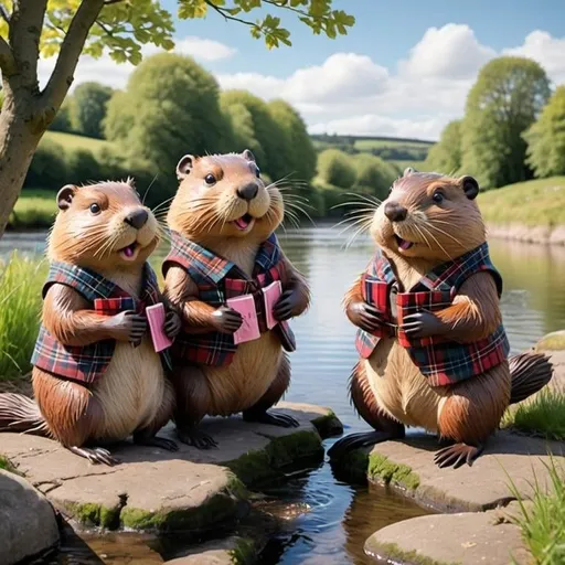 Prompt: Three friendly European Beavers wearing Scottish Tartan, standing on an English riverbank 