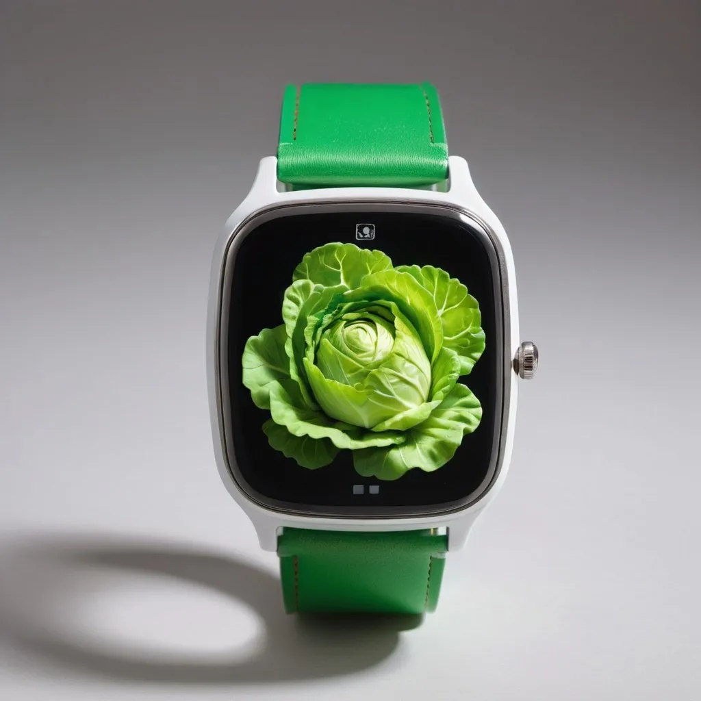 Prompt: A smart watch with a green strap in the shape of a lettuce, with a white and red illuminated dial