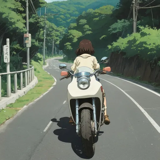 Prompt: 2d studio ghibli anime style, girl on motorcycle, anime scene