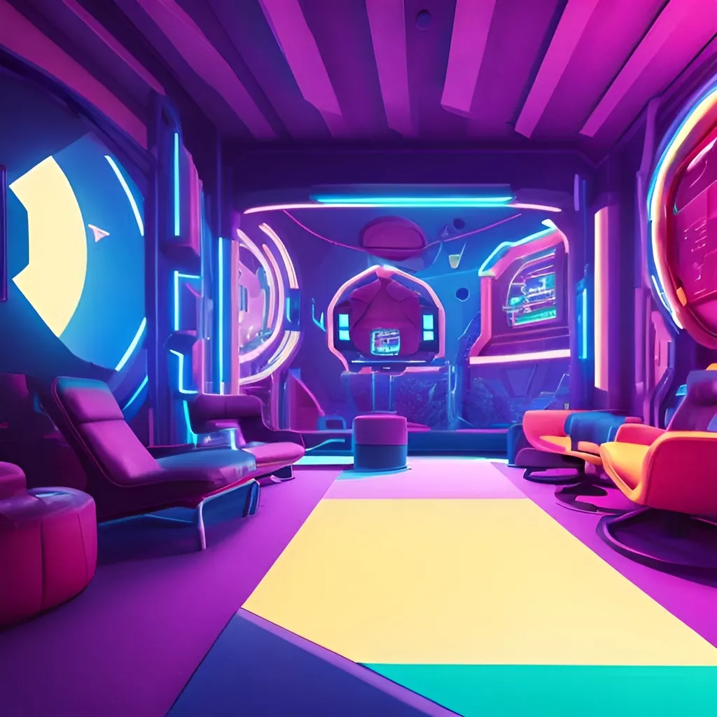 Prompt: retrofuture abstract lounging and gaming space