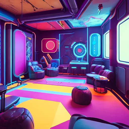 Prompt: retrofuture abstract lounging and gaming space