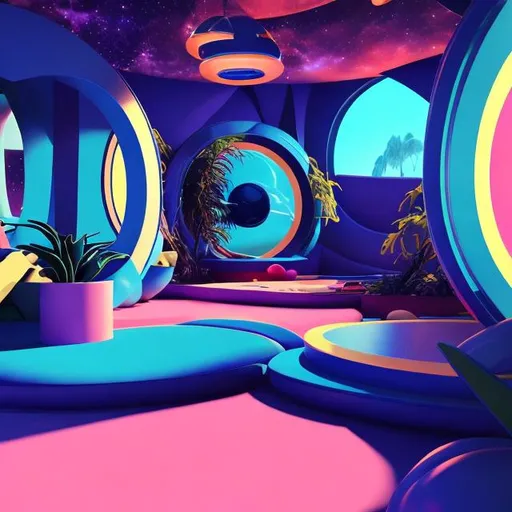 Prompt: retrofuture abstract lounging space