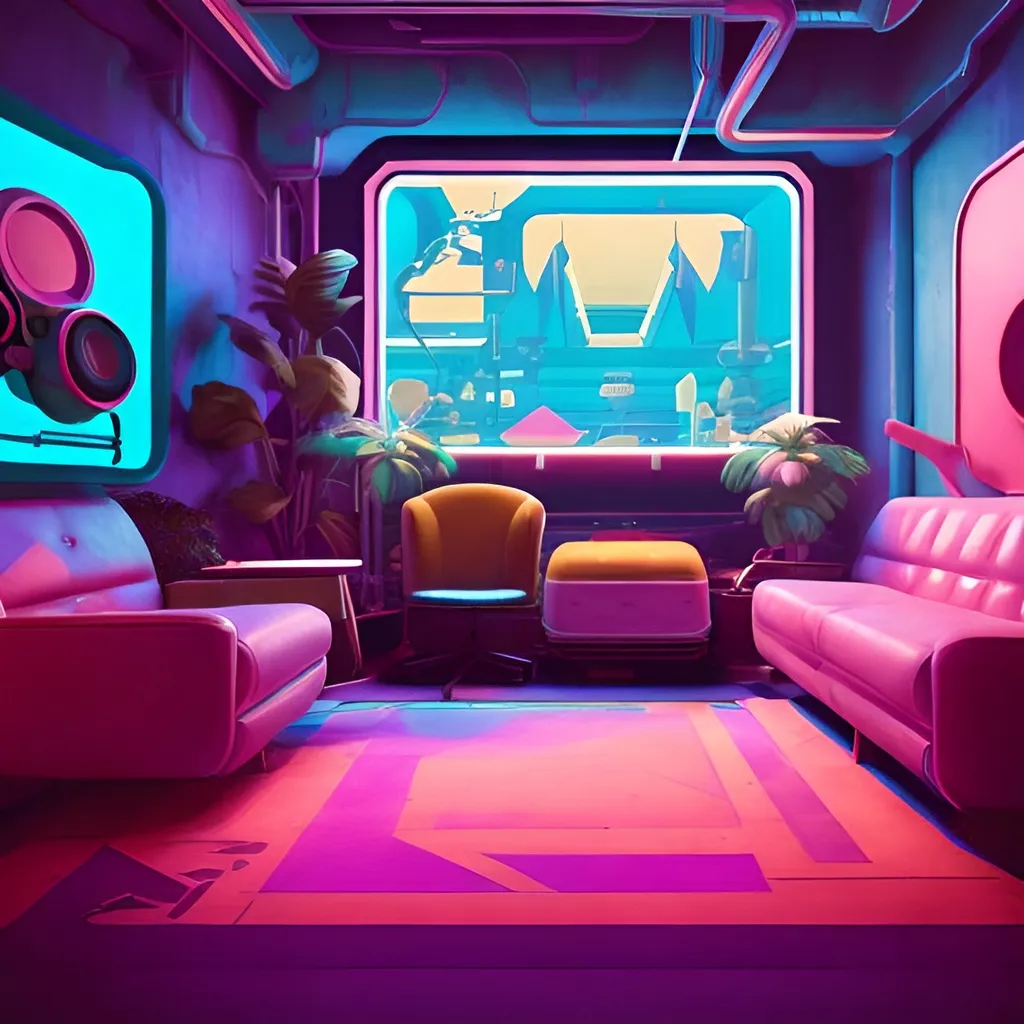 Prompt: retrofuture abstract lounging and gaming space