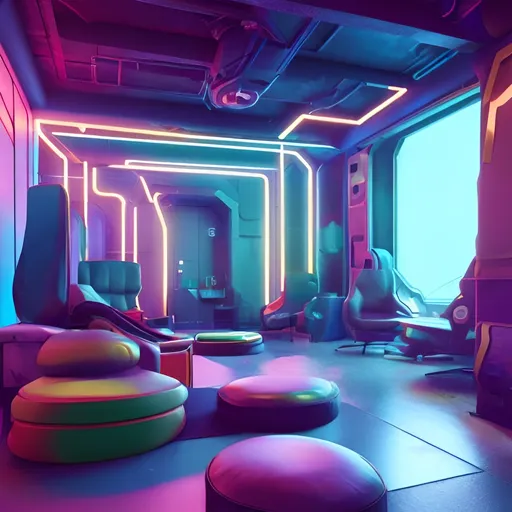 Prompt: retrofuture abstract lounging and gaming space NineteeN9D