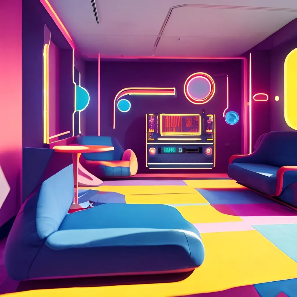 Prompt: retrofuture abstract lounging and gaming space NineteeN9D