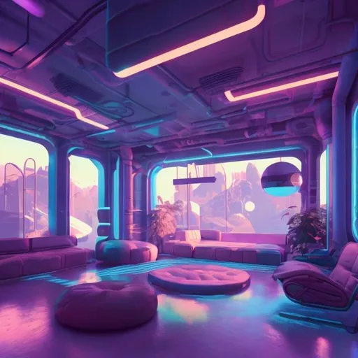 Prompt: retrofuture abstract lounging and gaming space