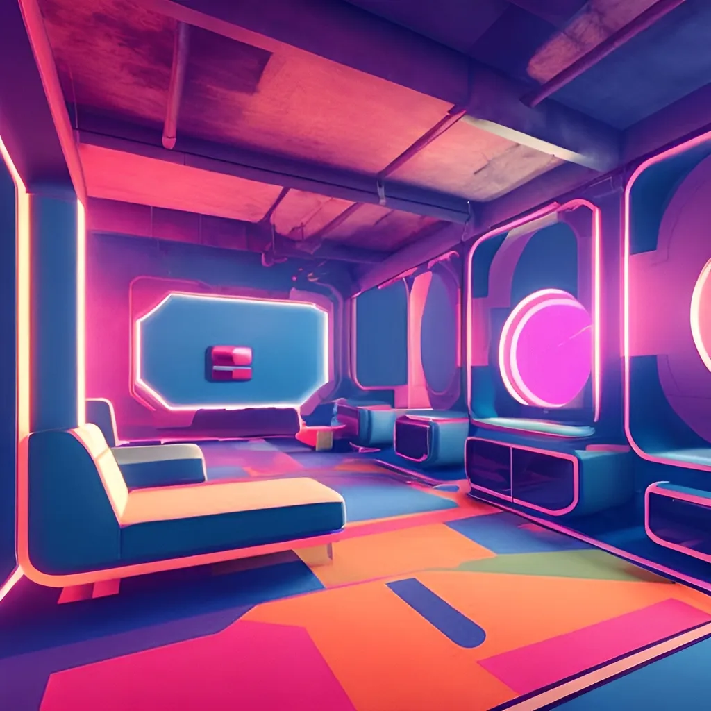 Prompt: retrofuture abstract lounging and gaming space