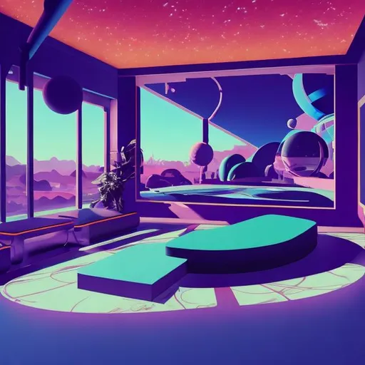 Prompt: retrofuture abstract lounging space