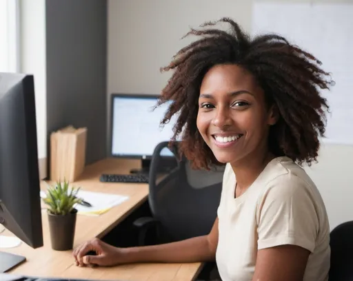 Prompt: personne souriante travaillant dans un bureau avec un ordinateur