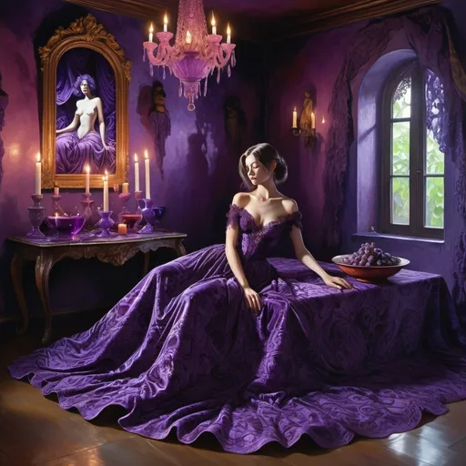 Prompt: psychedelic print woman in a flowing purple ballgown in a room with walls draped in deep violet velvet, floor glossy amethyst, reflecting the flickering light of candles,  table covered with a lavender colored lace cloth, a purple porcelain bowl filled with grapes, jungle, melting,  trick of the eye painting