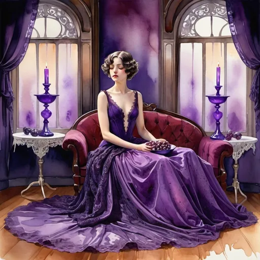 Prompt: digital watercolor painting, woman in a flowing purple ballgown in a room with walls draped in deep violet velvet, floor glossy amethyst, reflecting the flickering light of candles,  table covered with a lavender colored lace cloth, a purple porcelain bowl filled with grapes,, paint splatter, black and red, bold brush strokes, art nouveau

