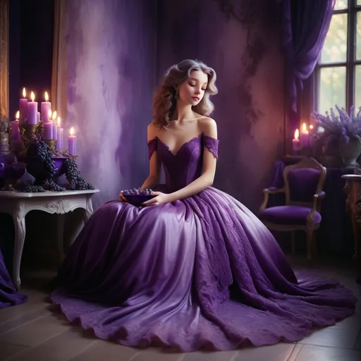 Prompt: Woman in a flowing purple ballgown in a room with walls draped in deep violet velvet, floor glossy amethyst, reflecting the flickering light of candles,  table covered with a lavender colored lace cloth, a purple porcelain bowl filled with grapes Dreamy pastel portrait, wizard, ethereal atmosphere, soft focus